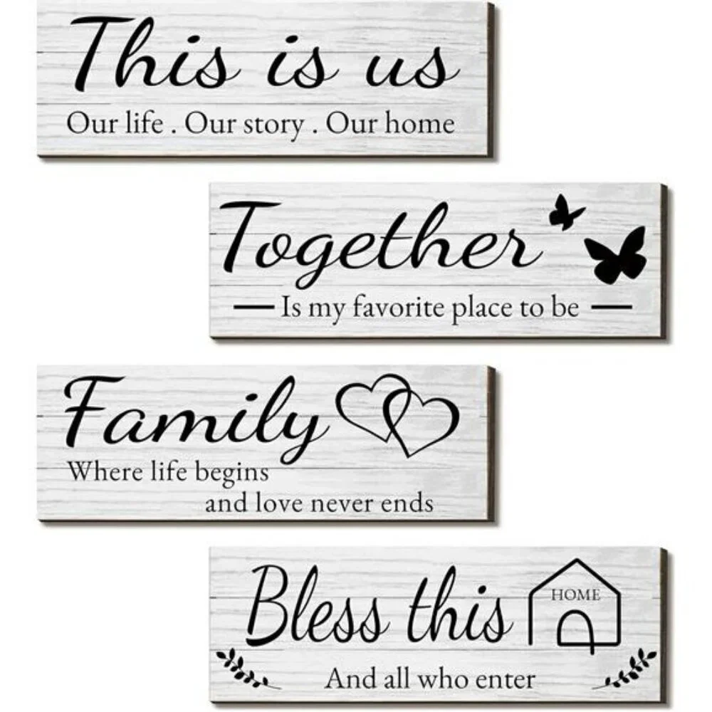 4 Pieces Wooden Home Wall Art Decor Rustic Farmhouse Decor Signs For Living Room